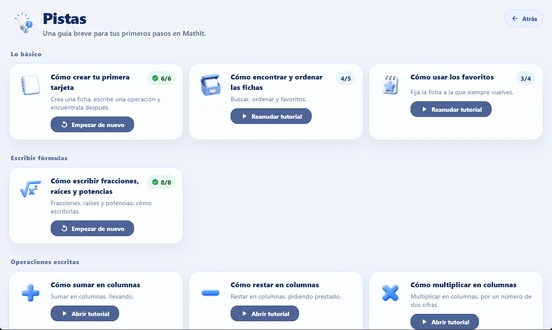 La pantalla de Consejos de MathIt: la lista de guías con su progreso