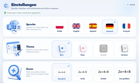 MathIt-Einstellungen: Sprache, Design und Zoom