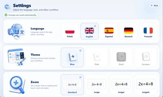 MathIt settings: language, visual theme and zoom