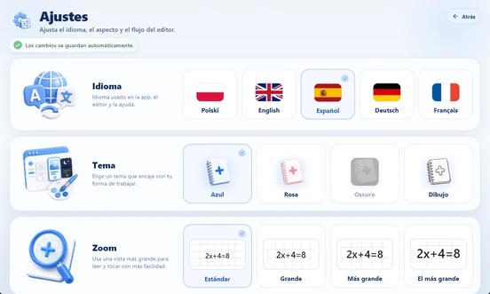 Ajustes de MathIt: idioma, tema y zoom